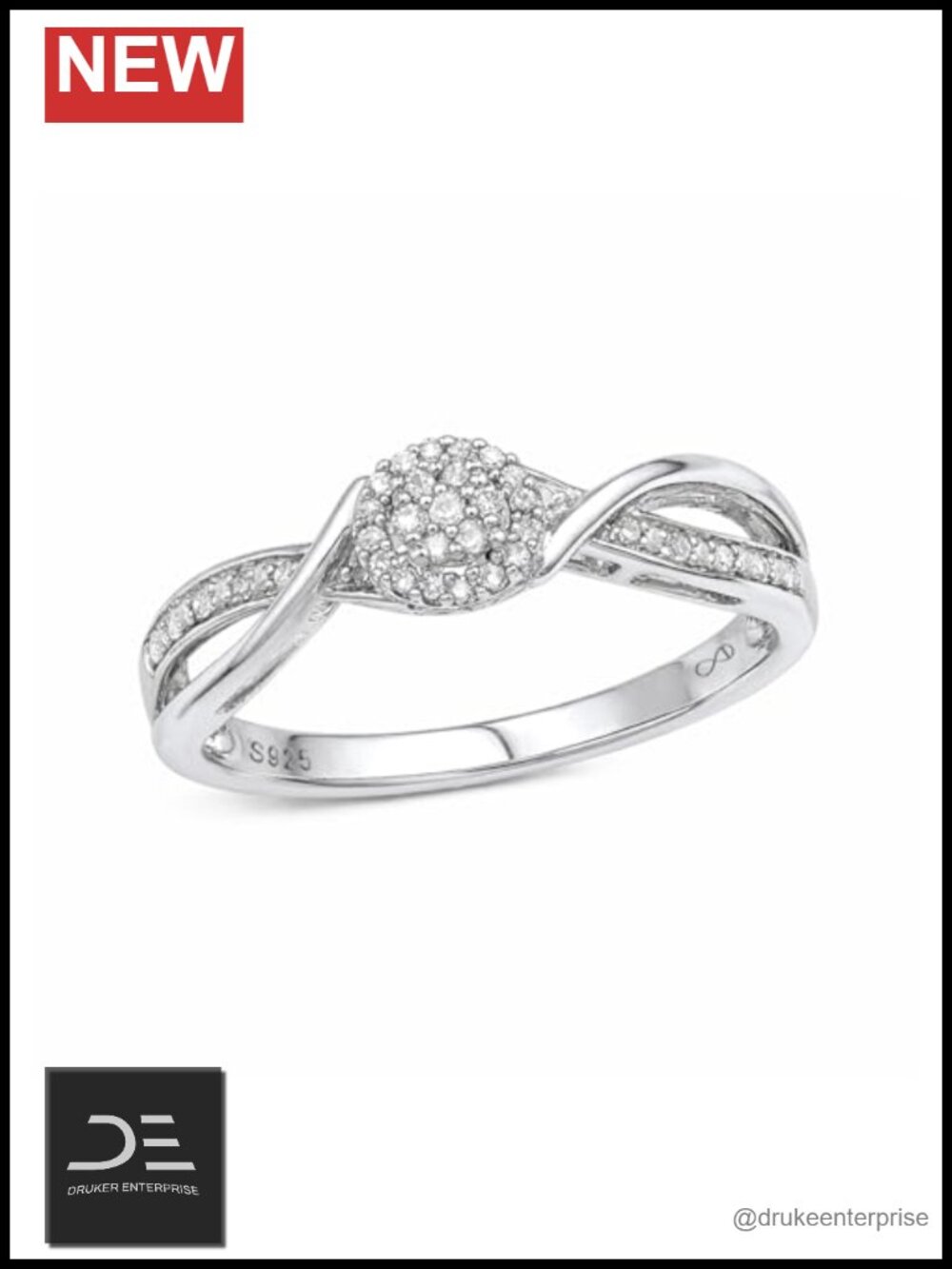 925 Sterling Silver Diamond Cluster Halo Ring - White & Black Diamonds -